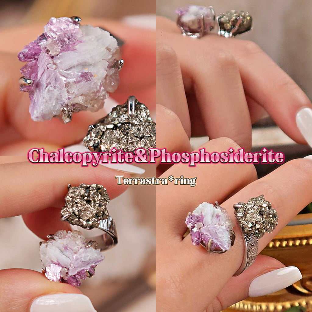 Raw Chalcopyrite&Phosphosiderite Adjustable Ring – Natural Mineral Stone Ring, Handmade One of a Kind Jewelry-034