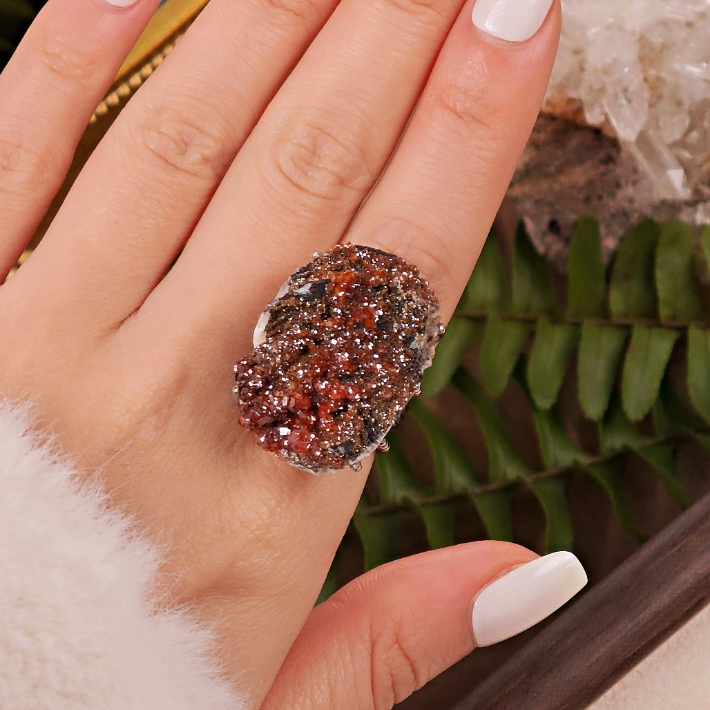 Raw Vanadinite Adjustable Ring – Natural Mineral Stone Ring, Handmade One of a Kind Jewelry-001