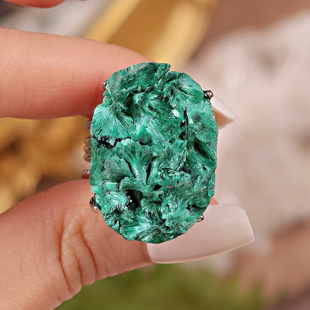 Raw Malachite Adjustable Ring – Natural Mineral Stone Ring, Handmade One of a Kind Jewelry-036