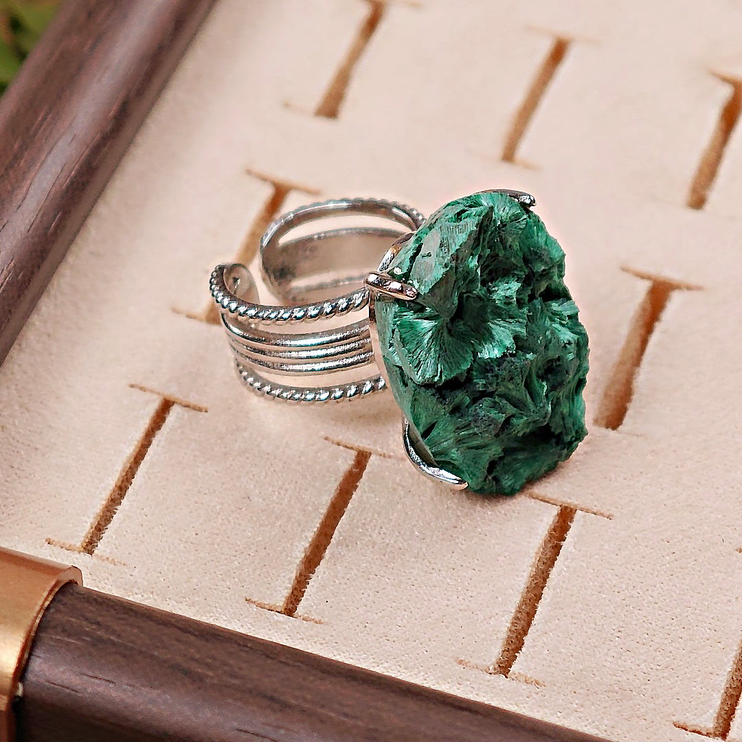 Raw Malachite Adjustable Ring – Natural Mineral Stone Ring, Handmade One of a Kind Jewelry-036
