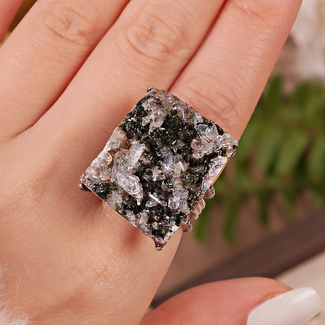 Raw Epidote&Crystal Adjustable Ring – Natural Mineral Stone Ring, Handmade One of a Kind Jewelry-038