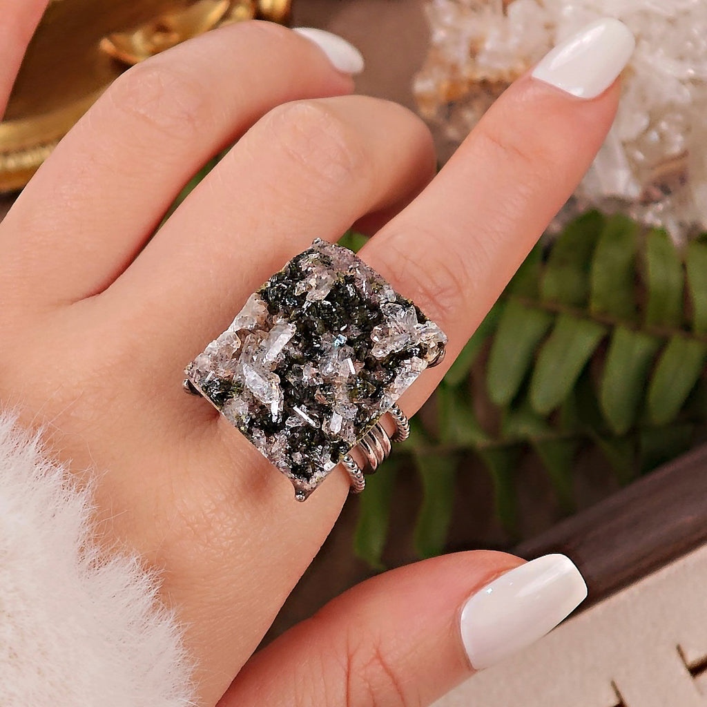 Raw Epidote&Crystal Adjustable Ring – Natural Mineral Stone Ring, Handmade One of a Kind Jewelry-038