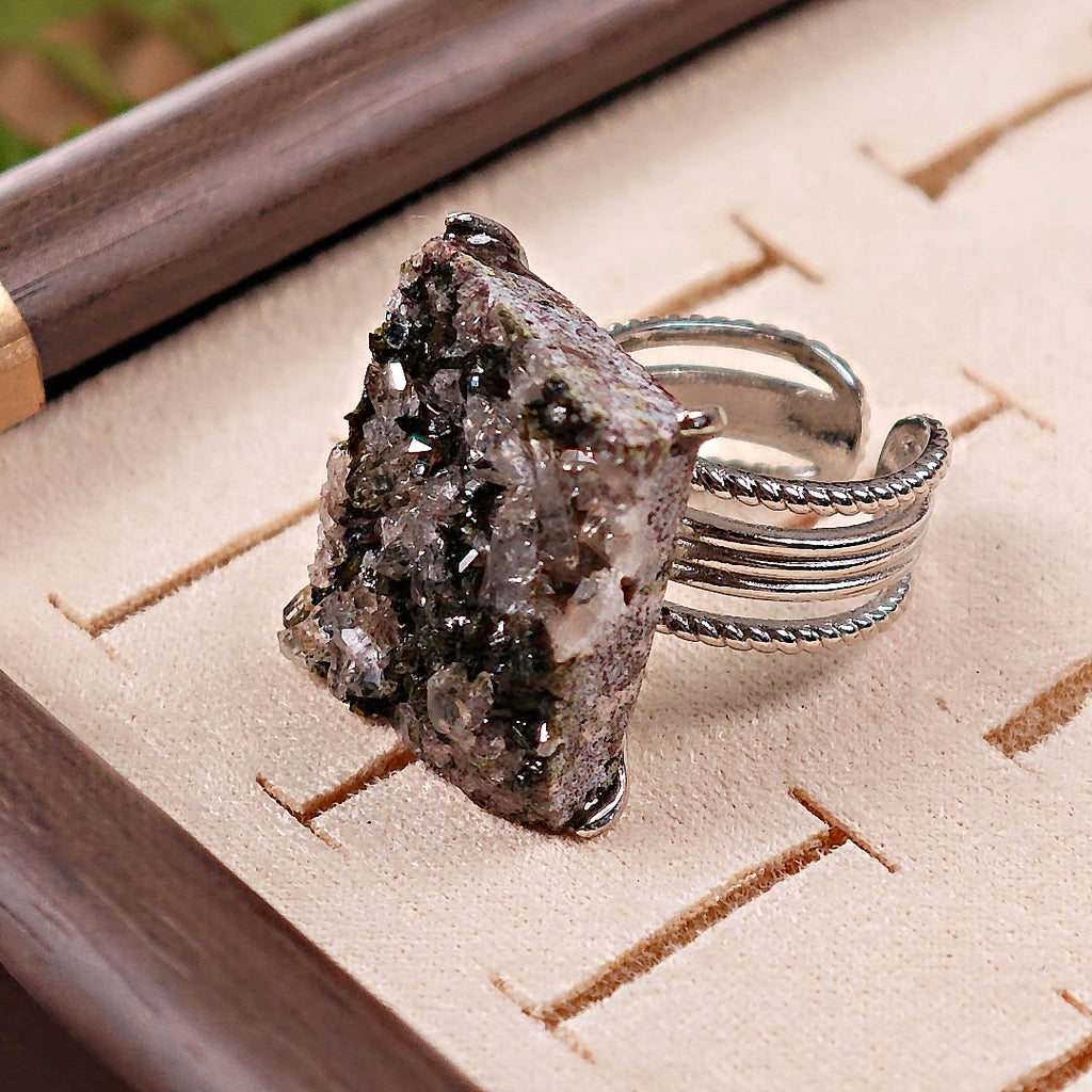 Raw Epidote&Crystal Adjustable Ring – Natural Mineral Stone Ring, Handmade One of a Kind Jewelry-038