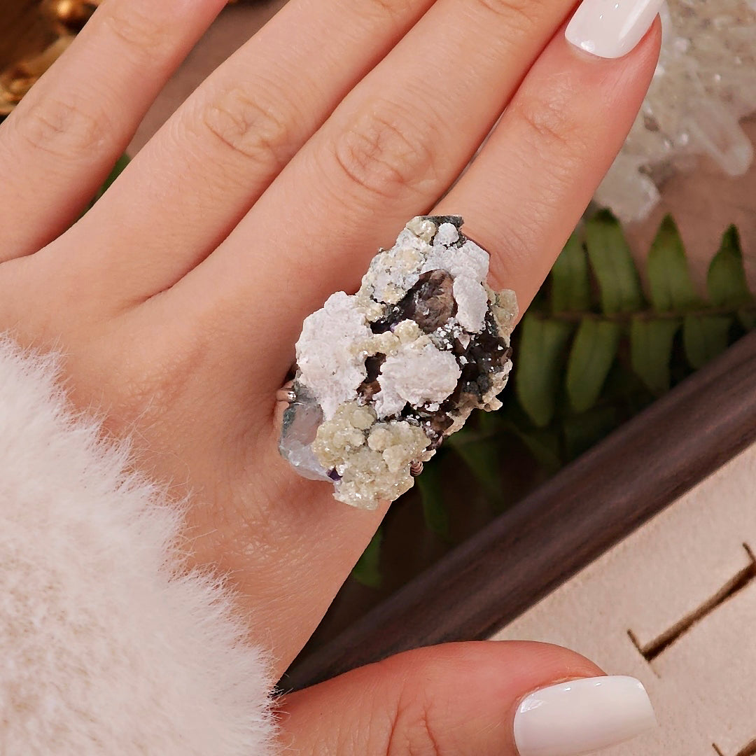Raw Fluorite&Smoky Quartz&Mica Adjustable Ring – Natural Mineral Stone Ring, Handmade One of a Kind Jewelry-040