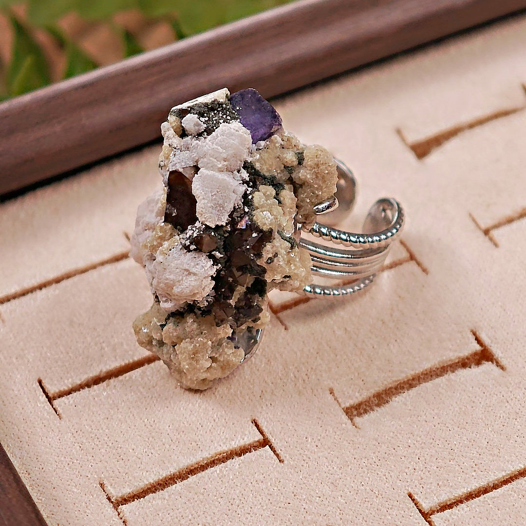 Raw Fluorite&Smoky Quartz&Mica Adjustable Ring – Natural Mineral Stone Ring, Handmade One of a Kind Jewelry-040