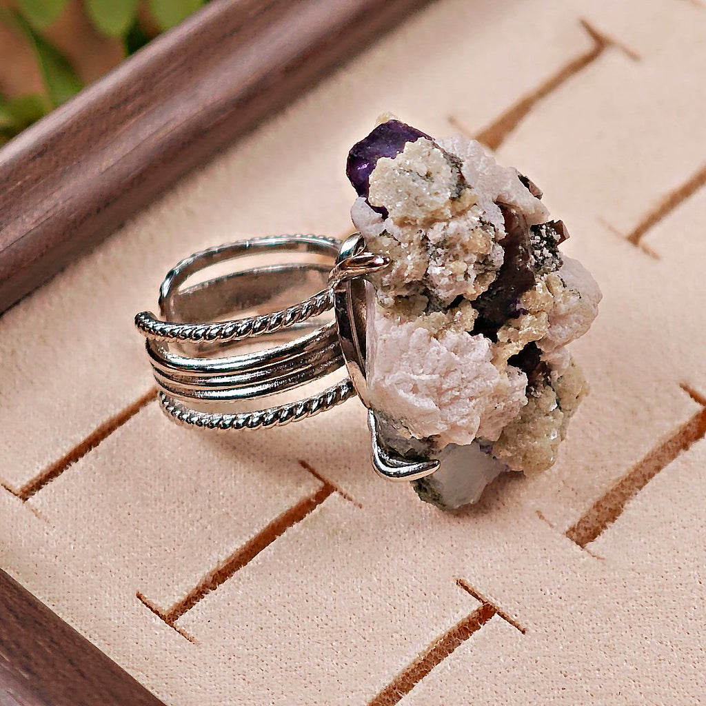 Raw Fluorite&Smoky Quartz&Mica Adjustable Ring – Natural Mineral Stone Ring, Handmade One of a Kind Jewelry-040