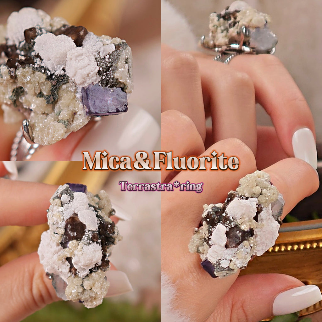 Raw Fluorite&Smoky Quartz&Mica Adjustable Ring – Natural Mineral Stone Ring, Handmade One of a Kind Jewelry-040