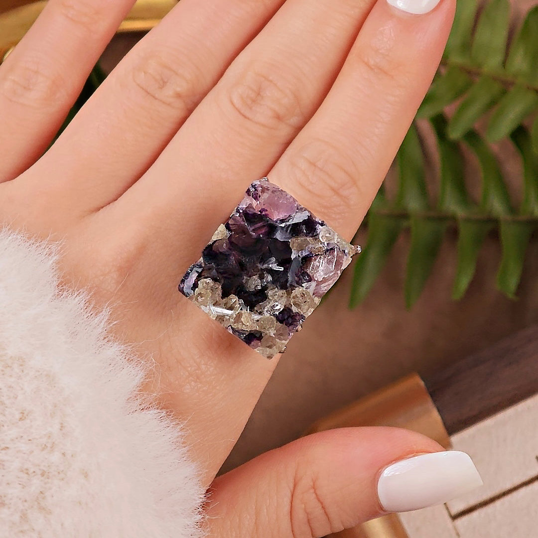 Raw Phantom Fluorite Adjustable Ring – Natural Mineral Stone Ring, Handmade One of a Kind Jewelry-041