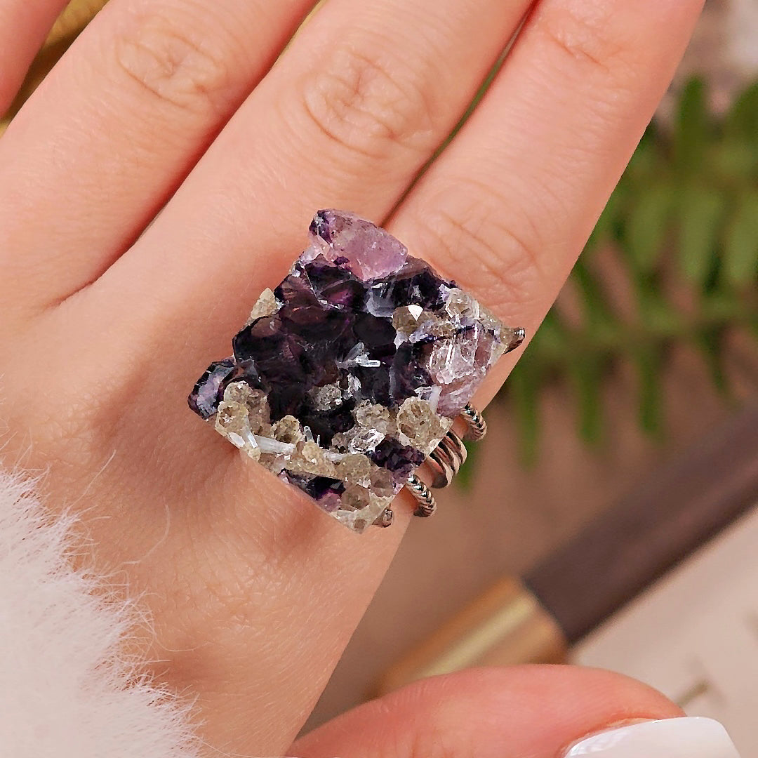 Raw Phantom Fluorite Adjustable Ring – Natural Mineral Stone Ring, Handmade One of a Kind Jewelry-041