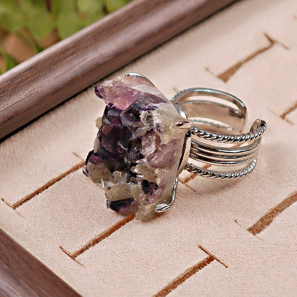Raw Phantom Fluorite Adjustable Ring – Natural Mineral Stone Ring, Handmade One of a Kind Jewelry-041
