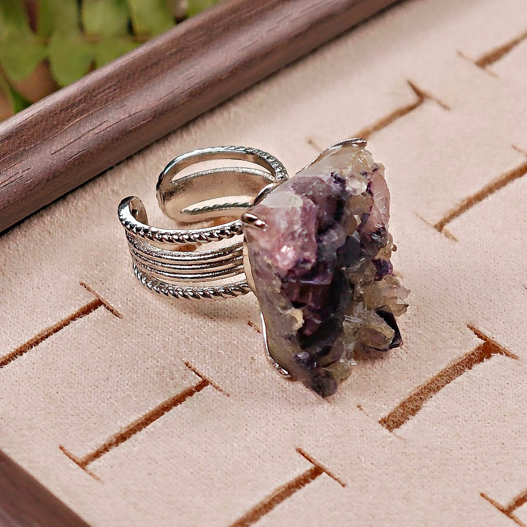 Raw Phantom Fluorite Adjustable Ring – Natural Mineral Stone Ring, Handmade One of a Kind Jewelry-041