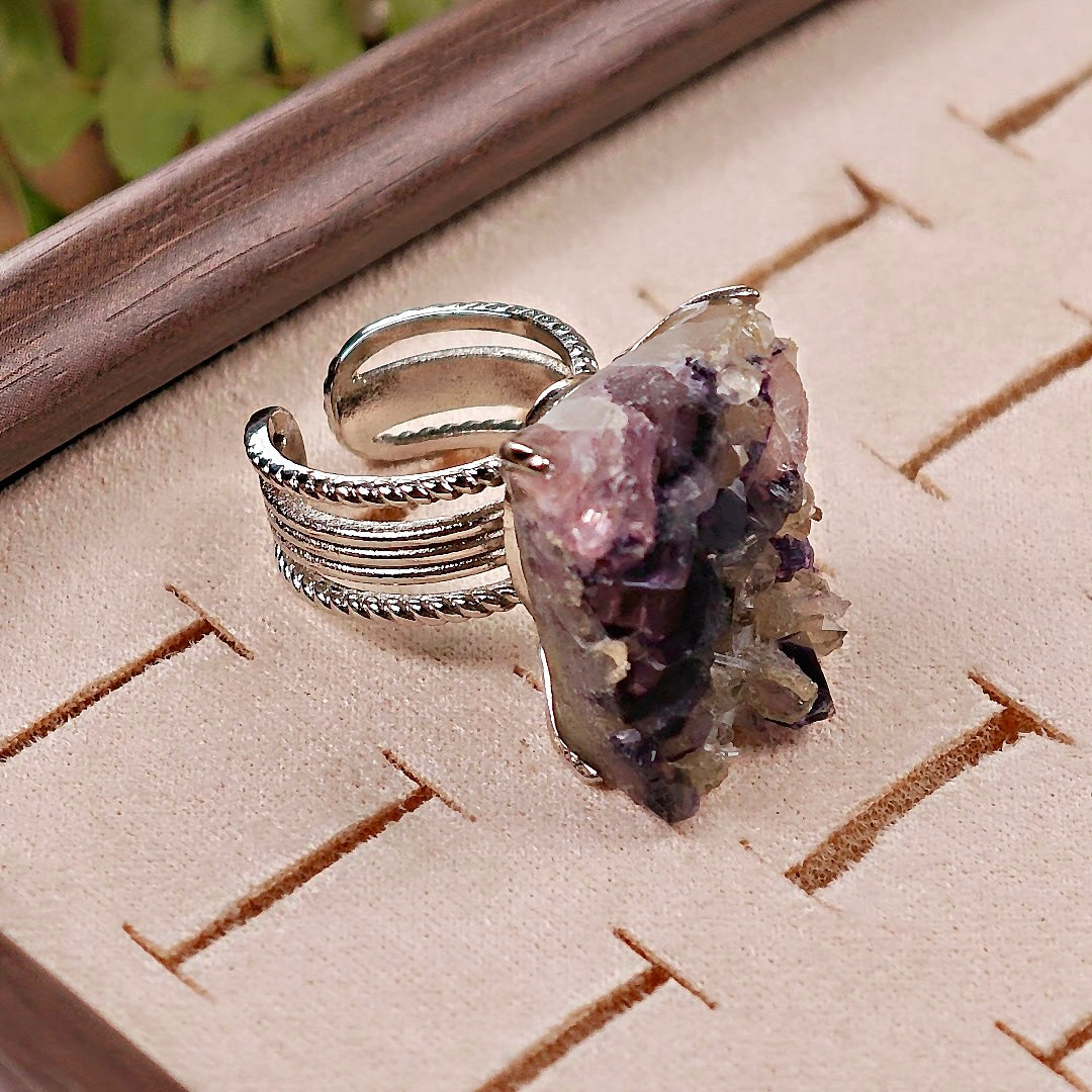 Raw Phantom Fluorite Adjustable Ring – Natural Mineral Stone Ring, Handmade One of a Kind Jewelry-041