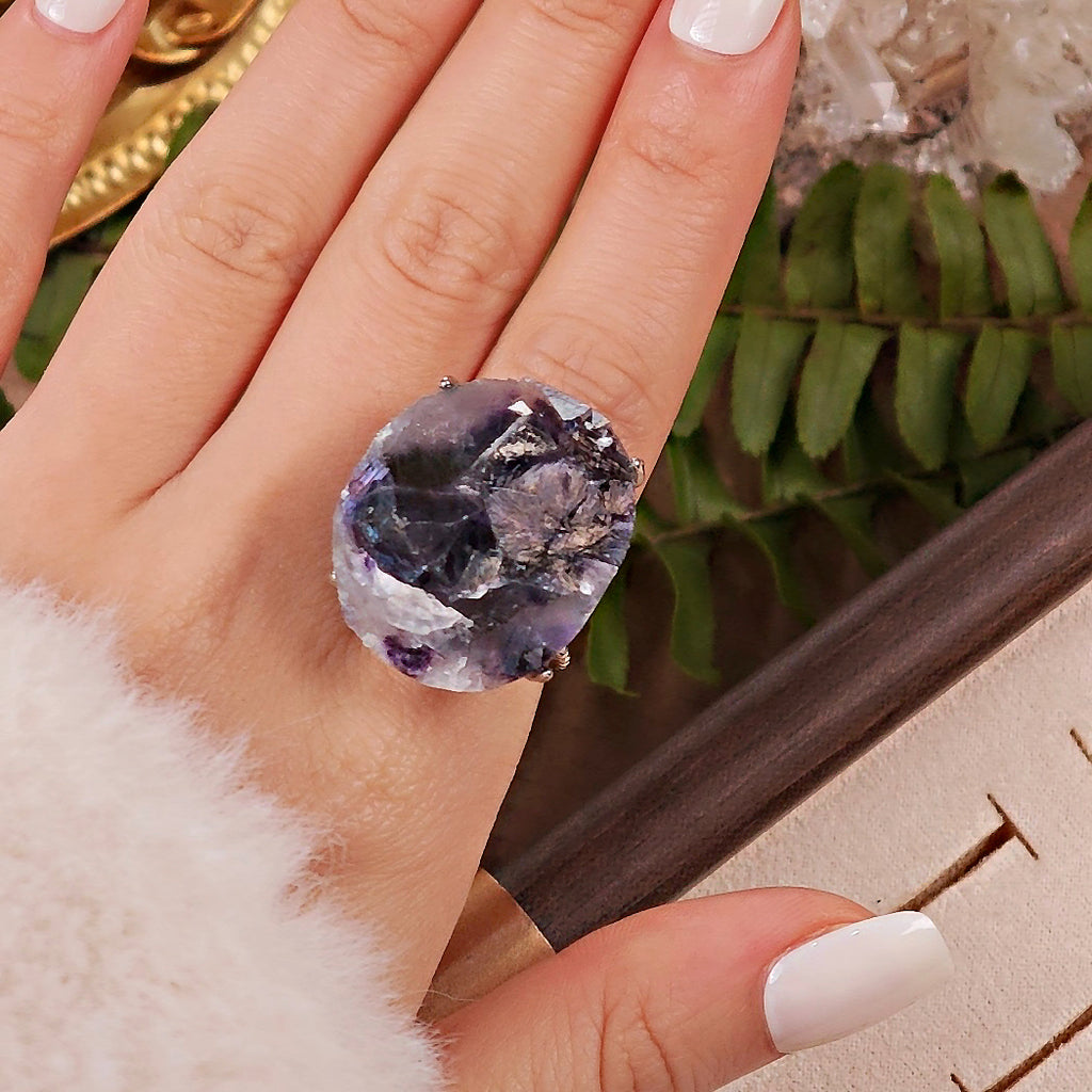 Raw Phantom Fluorite Adjustable Ring – Natural Mineral Stone Ring, Handmade One of a Kind Jewelry-042