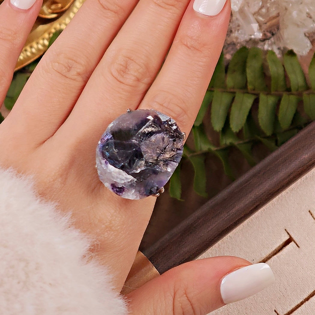 Raw Phantom Fluorite Adjustable Ring – Natural Mineral Stone Ring, Handmade One of a Kind Jewelry-042