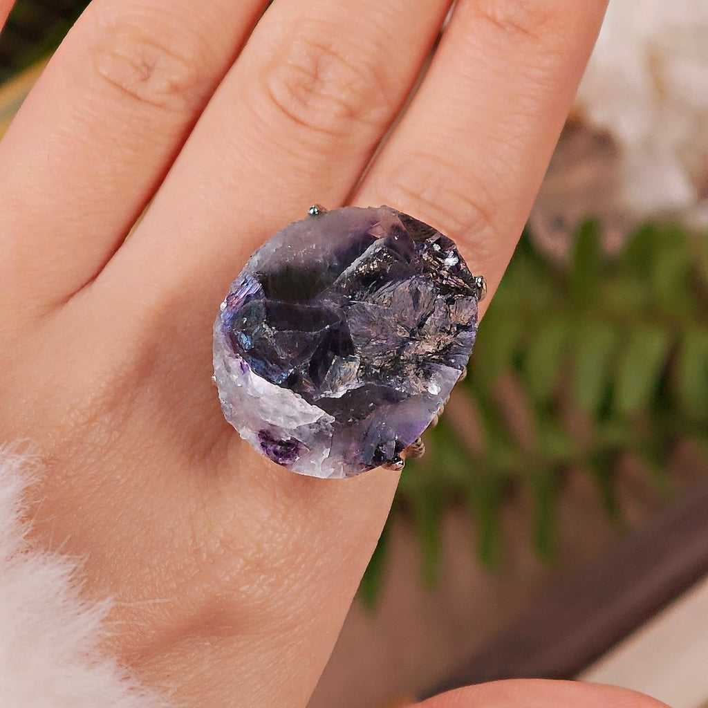 Raw Phantom Fluorite Adjustable Ring – Natural Mineral Stone Ring, Handmade One of a Kind Jewelry-042