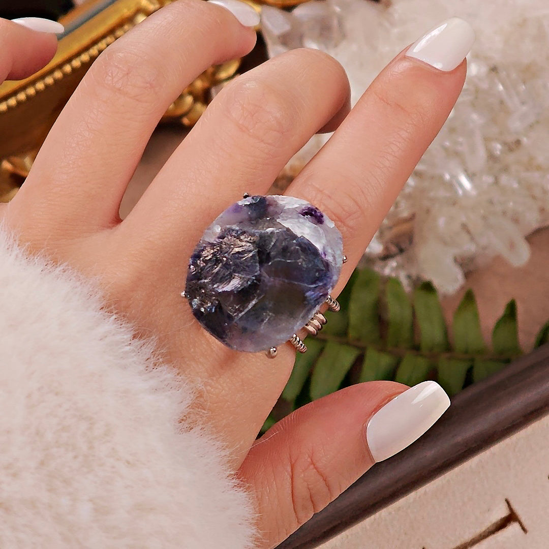 Raw Phantom Fluorite Adjustable Ring – Natural Mineral Stone Ring, Handmade One of a Kind Jewelry-042