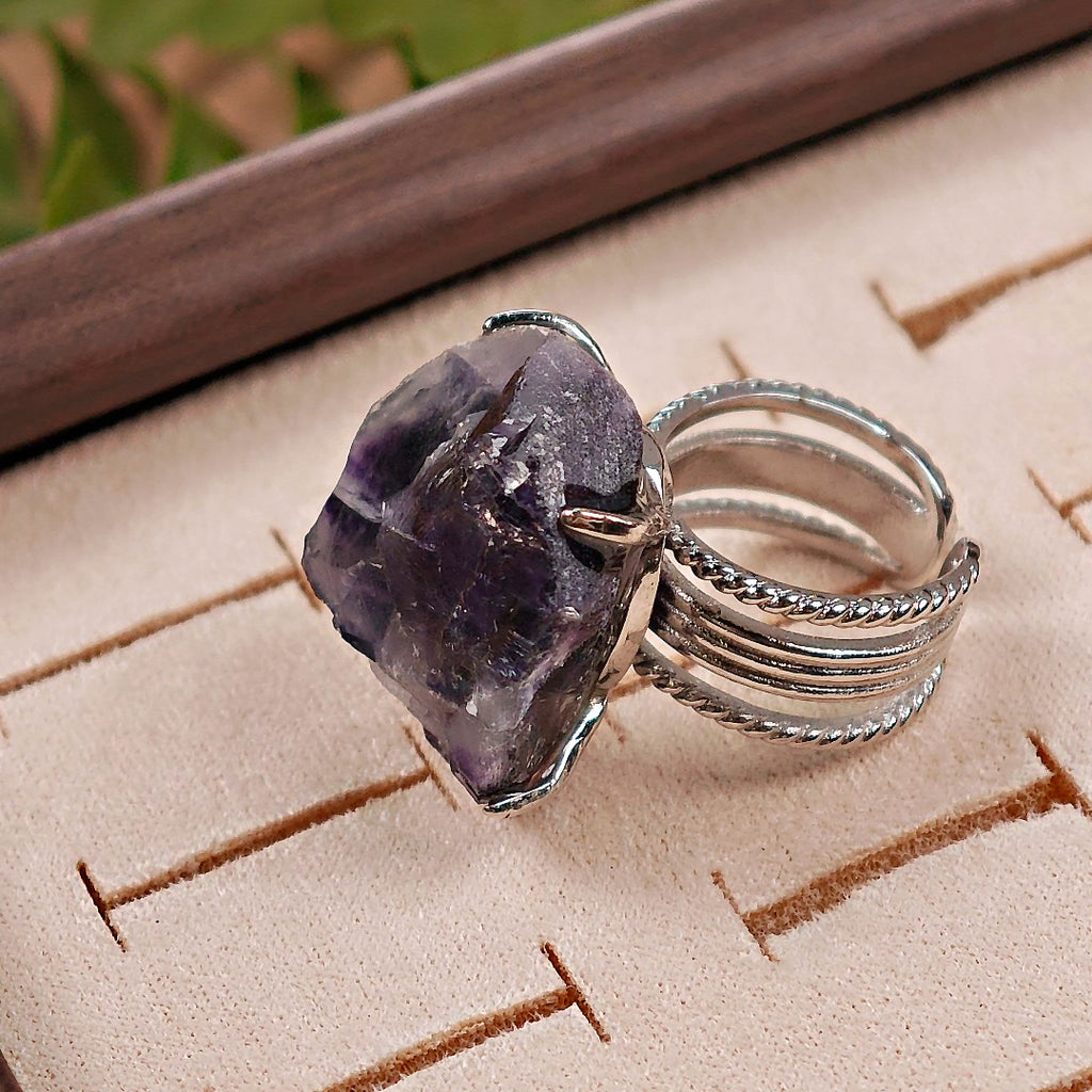 Raw Phantom Fluorite Adjustable Ring – Natural Mineral Stone Ring, Handmade One of a Kind Jewelry-042