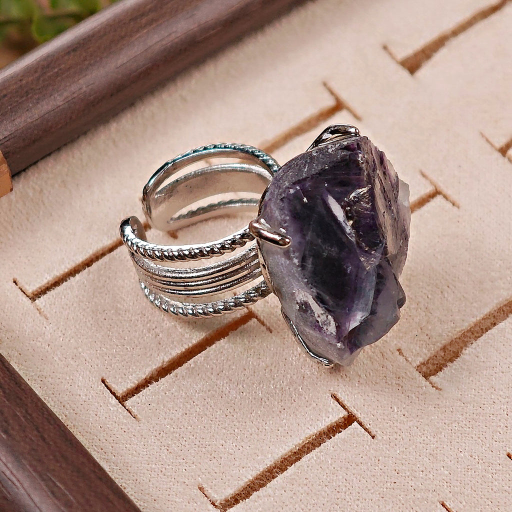 Raw Phantom Fluorite Adjustable Ring – Natural Mineral Stone Ring, Handmade One of a Kind Jewelry-042