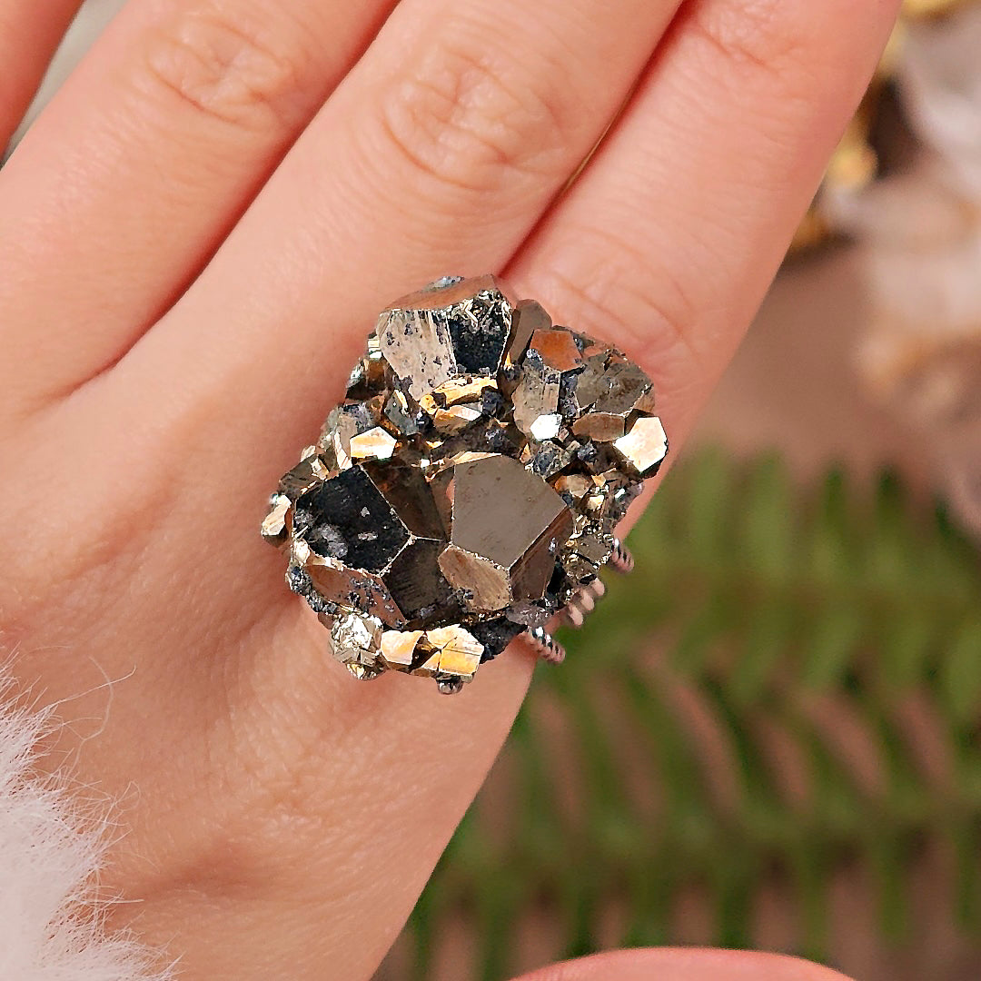 Raw Chalcopyrite Adjustable Ring – Natural Mineral Stone Ring, Handmade One of a Kind Jewelry-043