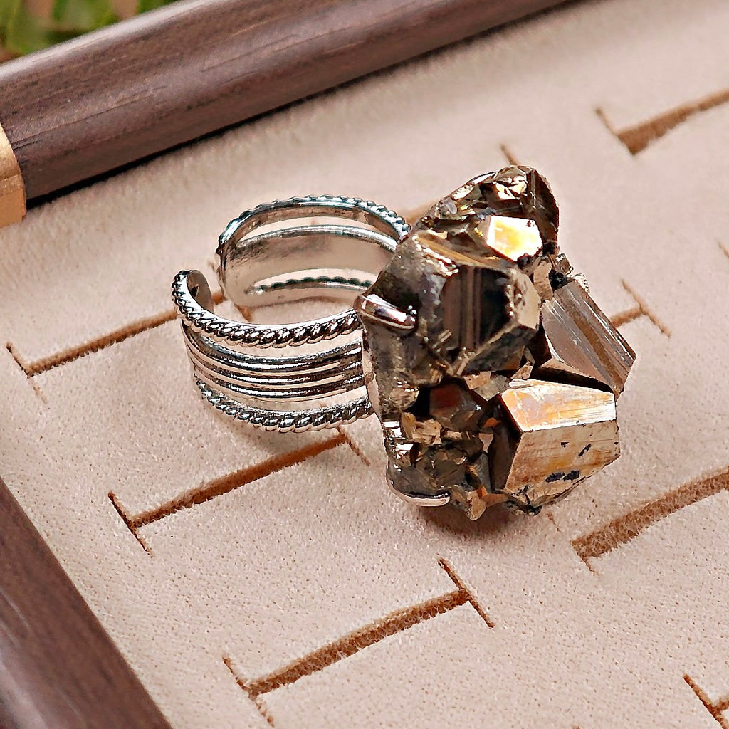 Raw Chalcopyrite Adjustable Ring – Natural Mineral Stone Ring, Handmade One of a Kind Jewelry-043
