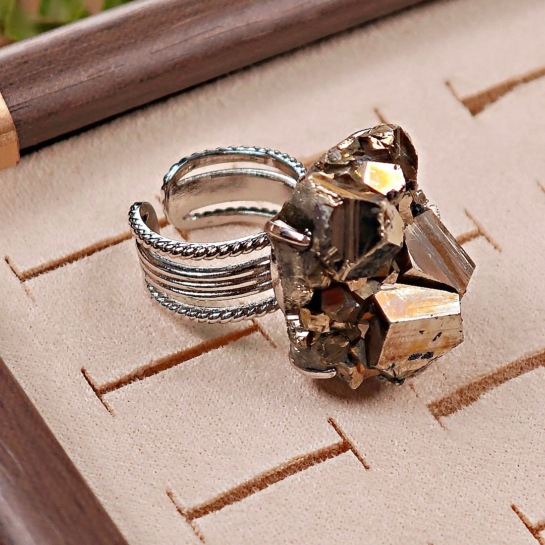 Raw Chalcopyrite Adjustable Ring – Natural Mineral Stone Ring, Handmade One of a Kind Jewelry-043