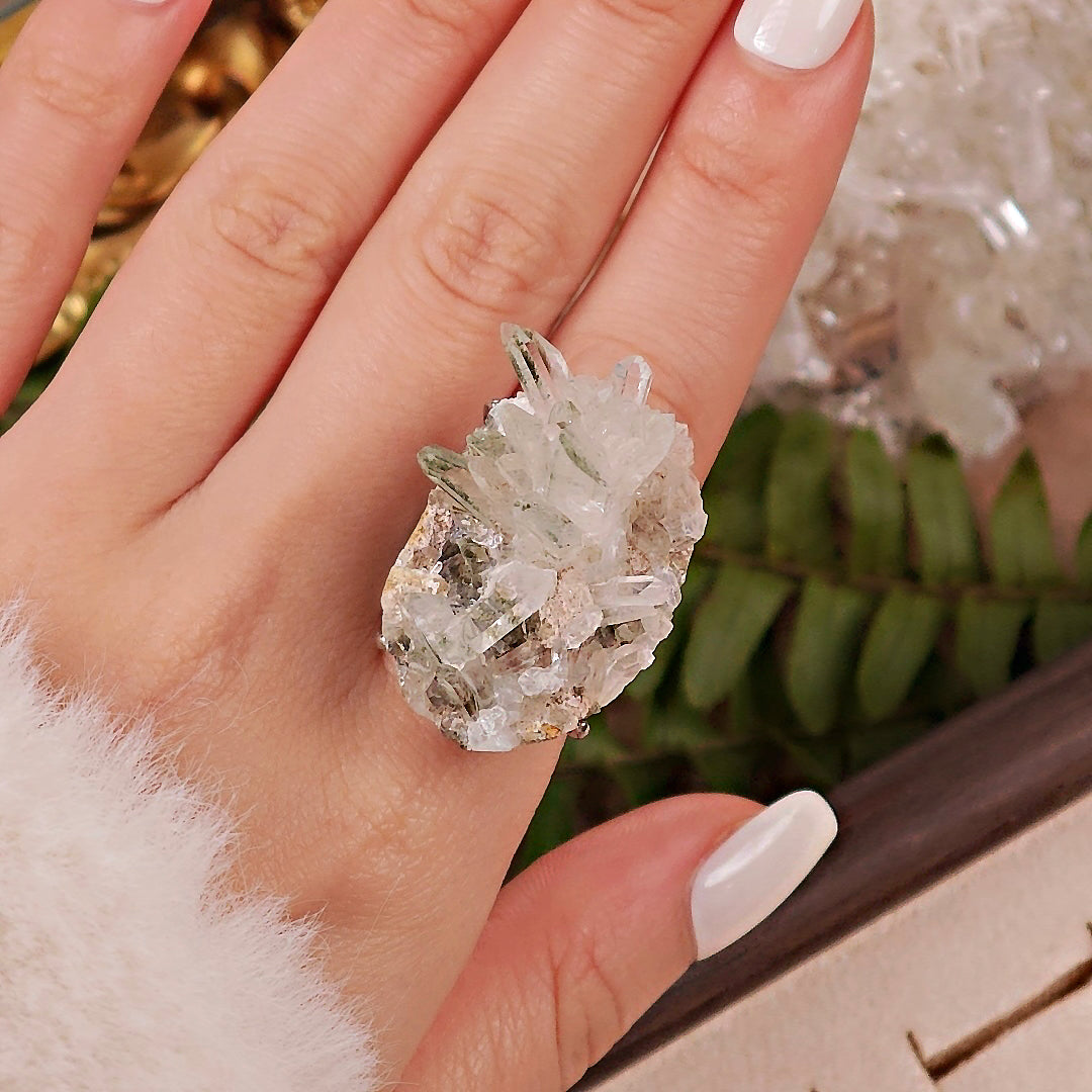 Raw Green Phantom Quartz Adjustable Ring – Natural Mineral Stone Ring, Handmade One of a Kind Jewelry-044