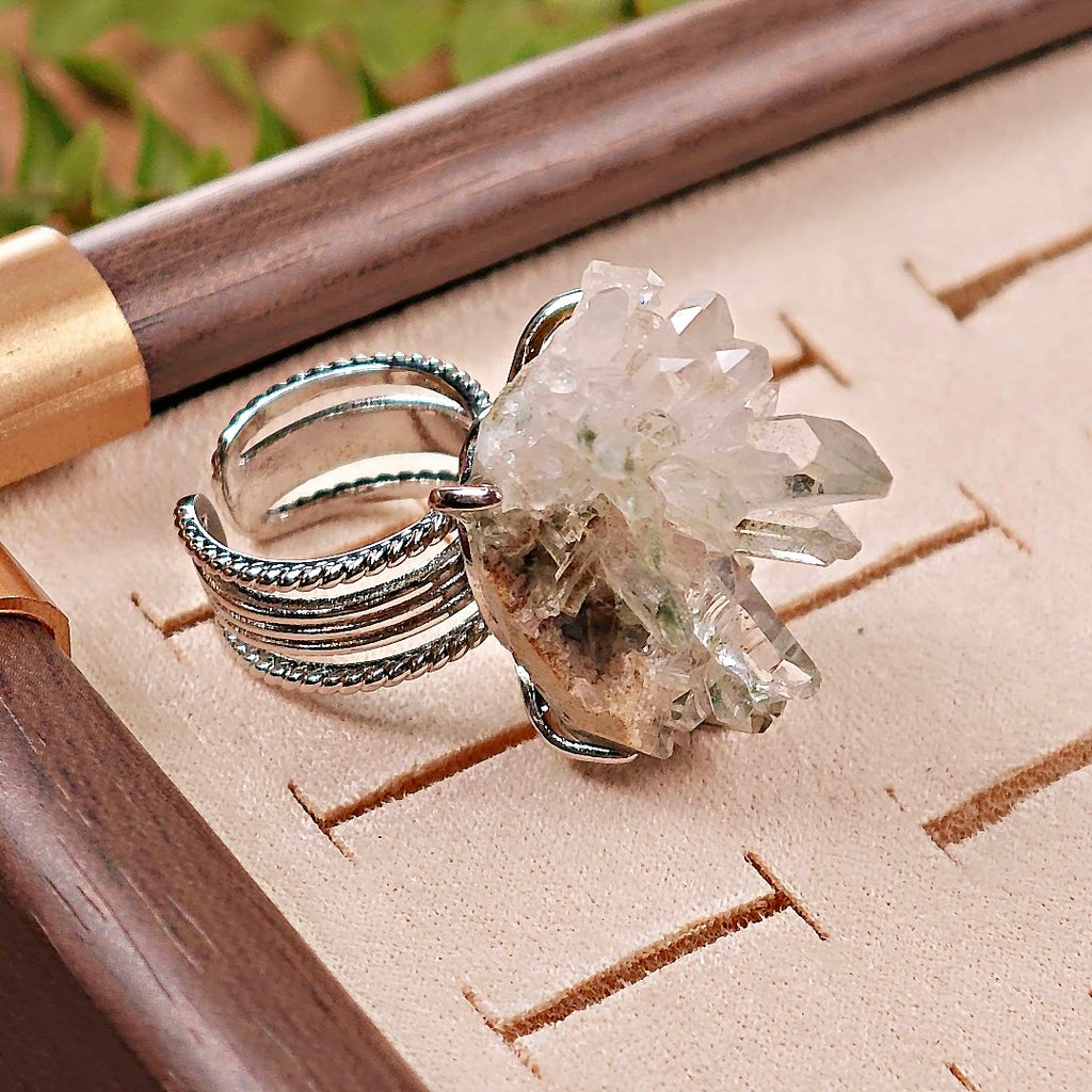 Raw Green Phantom Quartz Adjustable Ring – Natural Mineral Stone Ring, Handmade One of a Kind Jewelry-044