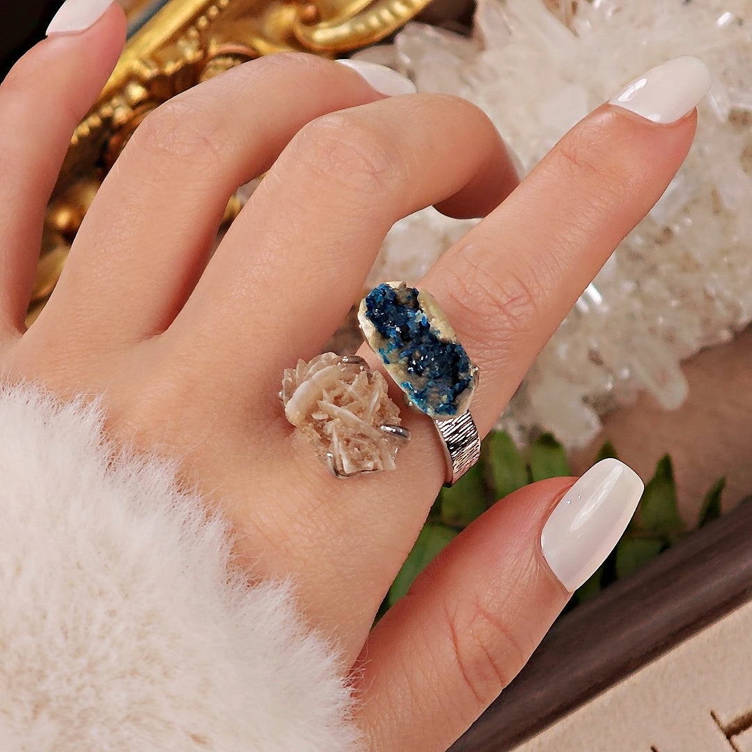 Raw Veszelyite&Desert Rose Stone Adjustable Ring – Natural Mineral Stone Ring, Handmade One of a Kind Jewelry-046