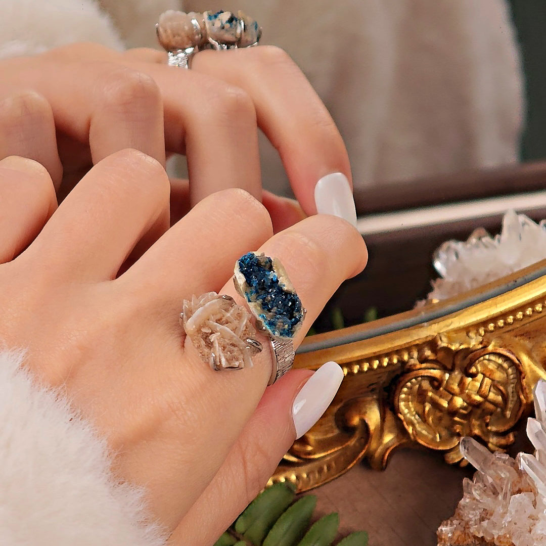 Raw Veszelyite&Desert Rose Stone Adjustable Ring – Natural Mineral Stone Ring, Handmade One of a Kind Jewelry-046