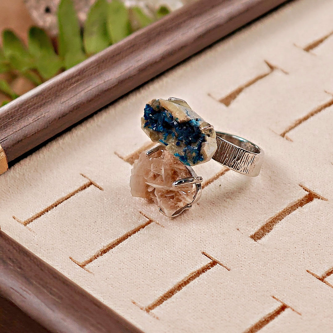 Raw Veszelyite&Desert Rose Stone Adjustable Ring – Natural Mineral Stone Ring, Handmade One of a Kind Jewelry-046