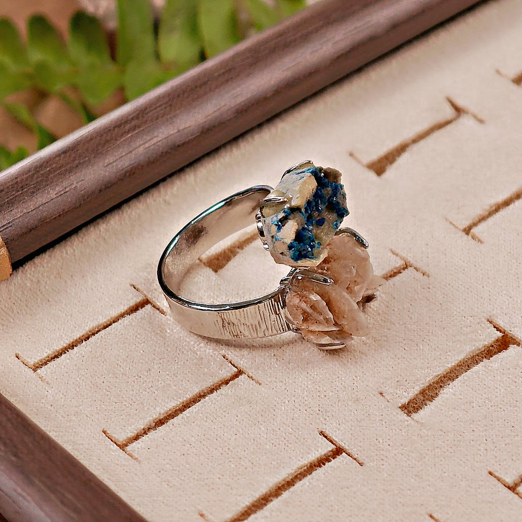 Raw Veszelyite&Desert Rose Stone Adjustable Ring – Natural Mineral Stone Ring, Handmade One of a Kind Jewelry-046
