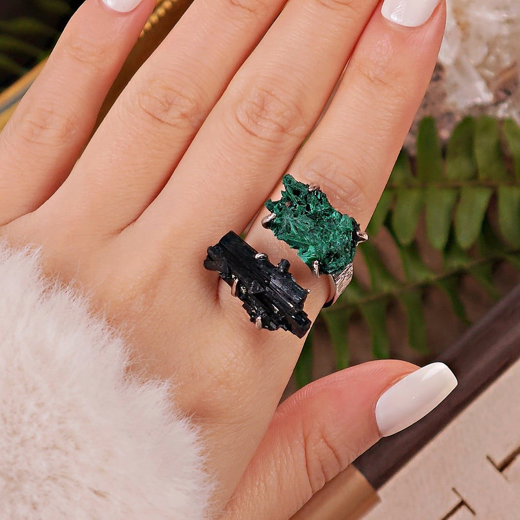 Raw Schorl&Malachite Adjustable Ring – Natural Mineral Stone Ring, Handmade One of a Kind Jewelry-047