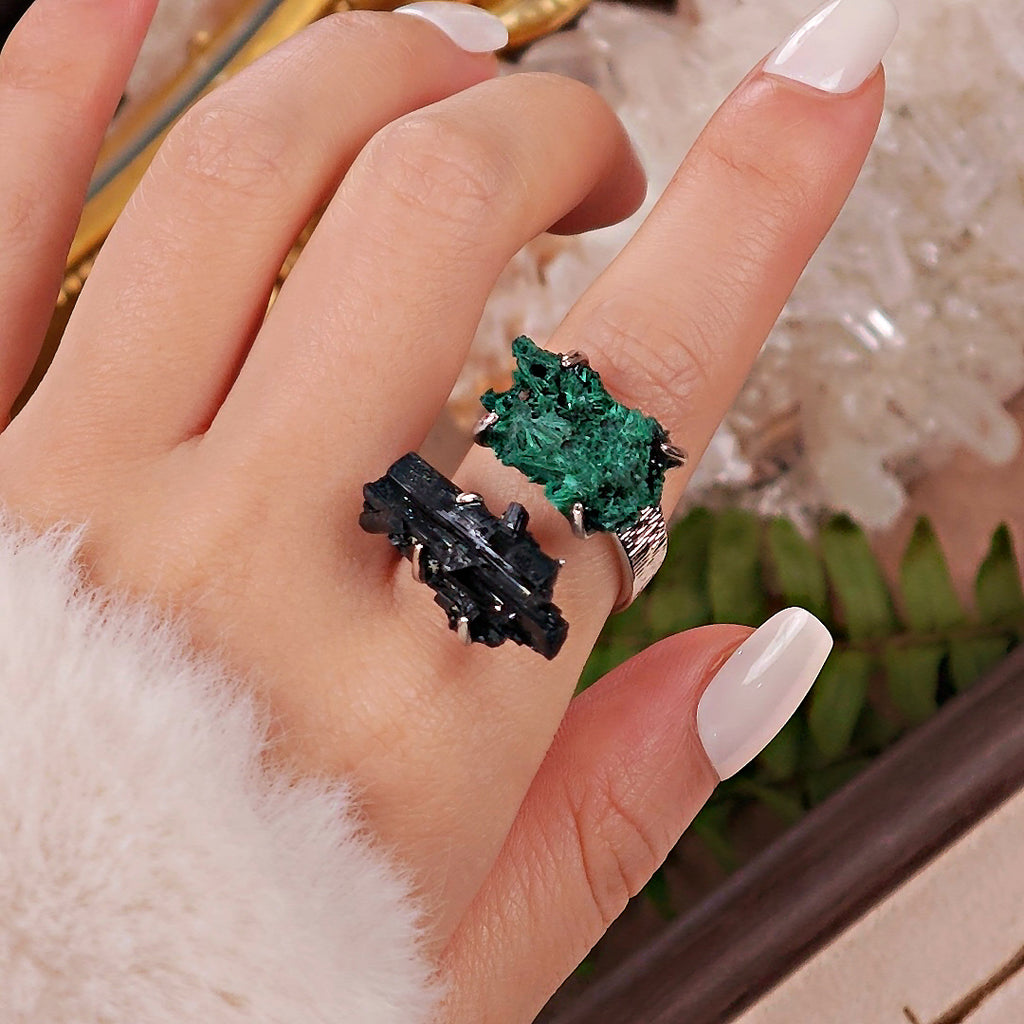Raw Schorl&Malachite Adjustable Ring – Natural Mineral Stone Ring, Handmade One of a Kind Jewelry-047