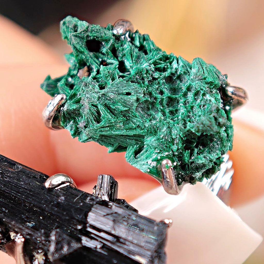 Raw Schorl&Malachite Adjustable Ring – Natural Mineral Stone Ring, Handmade One of a Kind Jewelry-047