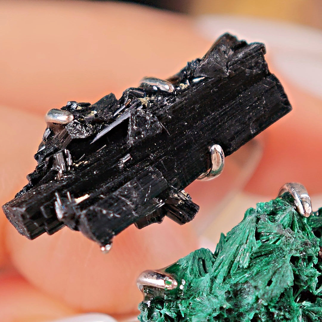 Raw Schorl&Malachite Adjustable Ring – Natural Mineral Stone Ring, Handmade One of a Kind Jewelry-047