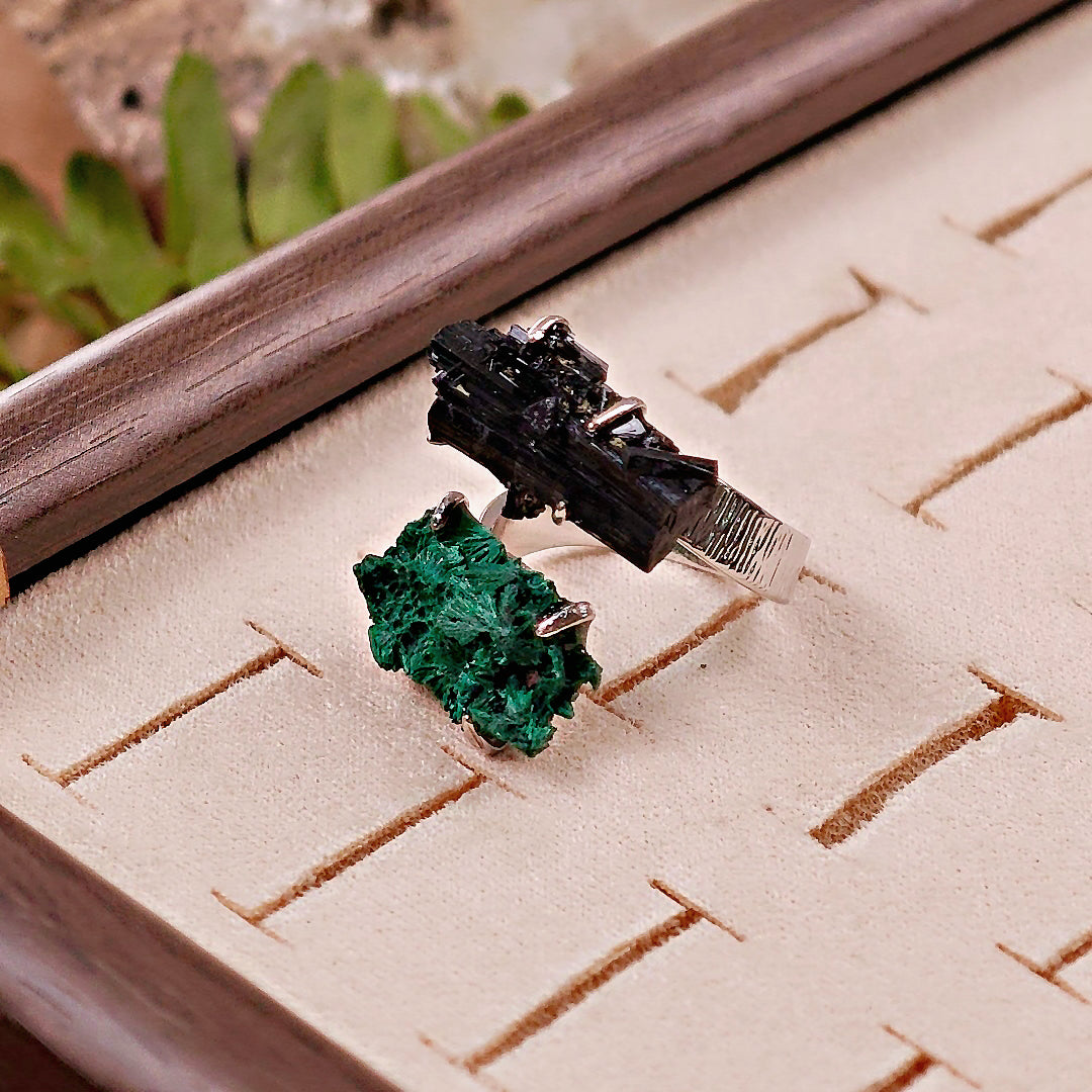 Raw Schorl&Malachite Adjustable Ring – Natural Mineral Stone Ring, Handmade One of a Kind Jewelry-047