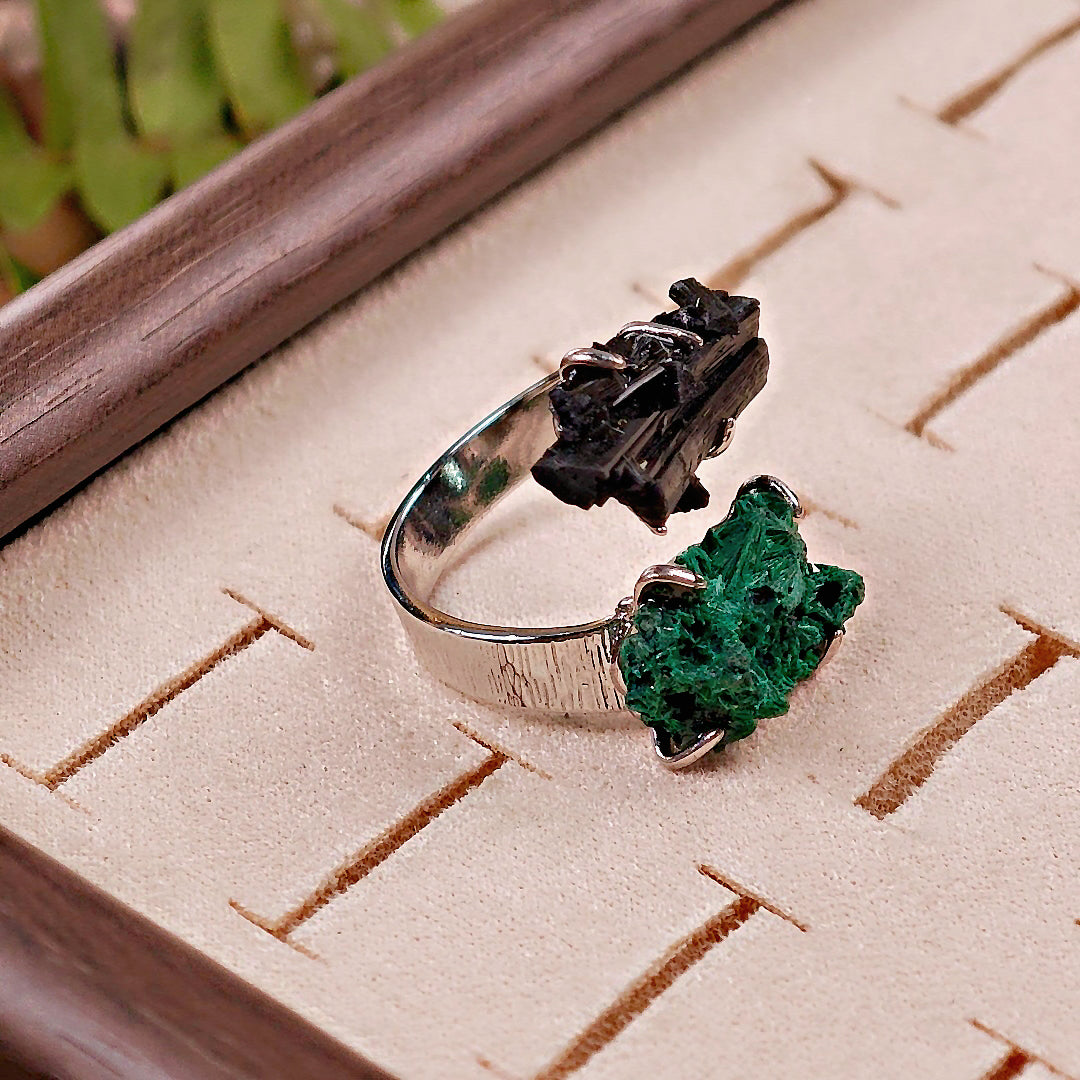 Raw Schorl&Malachite Adjustable Ring – Natural Mineral Stone Ring, Handmade One of a Kind Jewelry-047