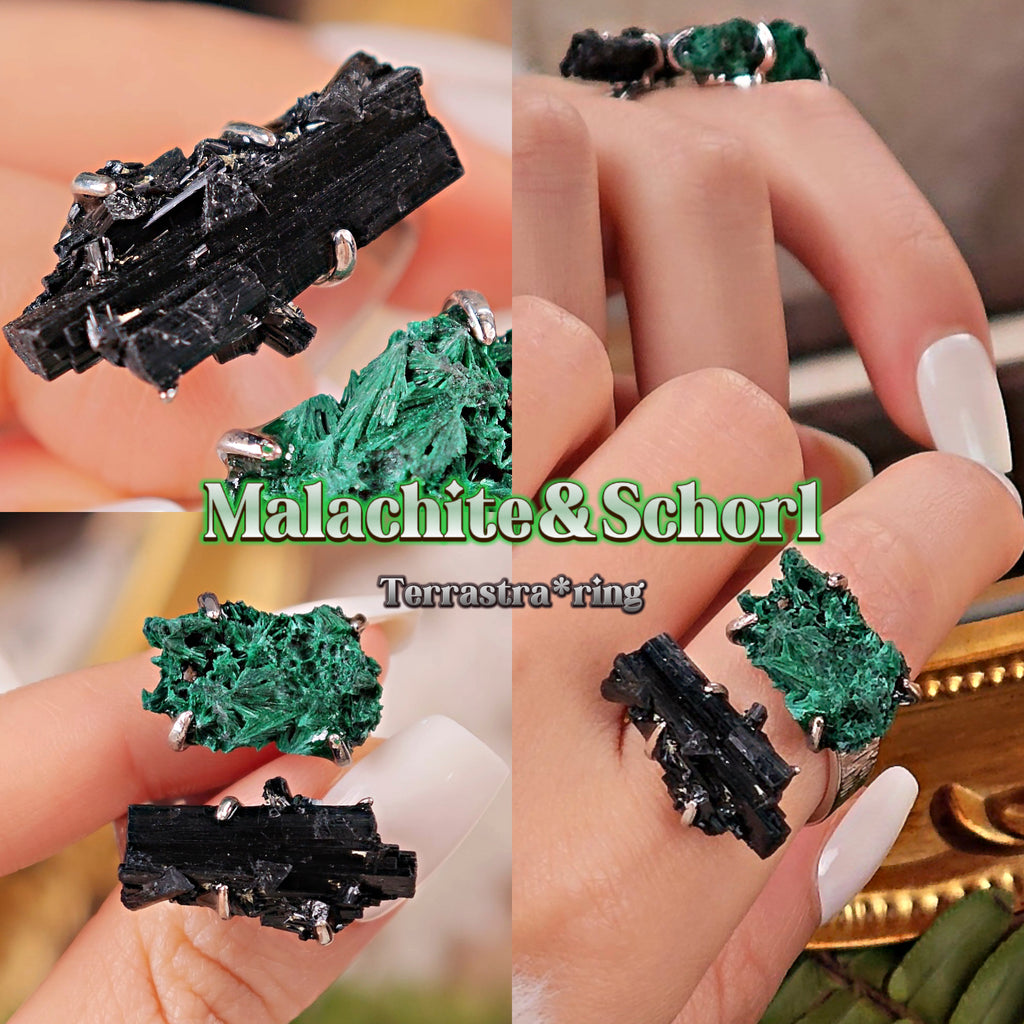 Raw Schorl&Malachite Adjustable Ring – Natural Mineral Stone Ring, Handmade One of a Kind Jewelry-047