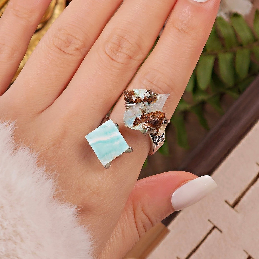 Raw Gypsum&Larimar Adjustable Ring – Natural Mineral Stone Ring, Handmade One of a Kind Jewelry-048