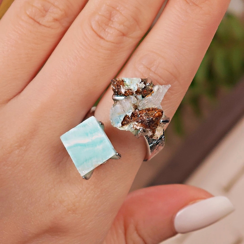 Raw Gypsum&Larimar Adjustable Ring – Natural Mineral Stone Ring, Handmade One of a Kind Jewelry-048
