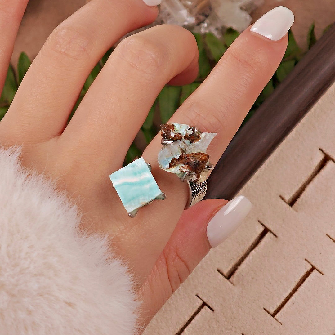 Raw Gypsum&Larimar Adjustable Ring – Natural Mineral Stone Ring, Handmade One of a Kind Jewelry-048