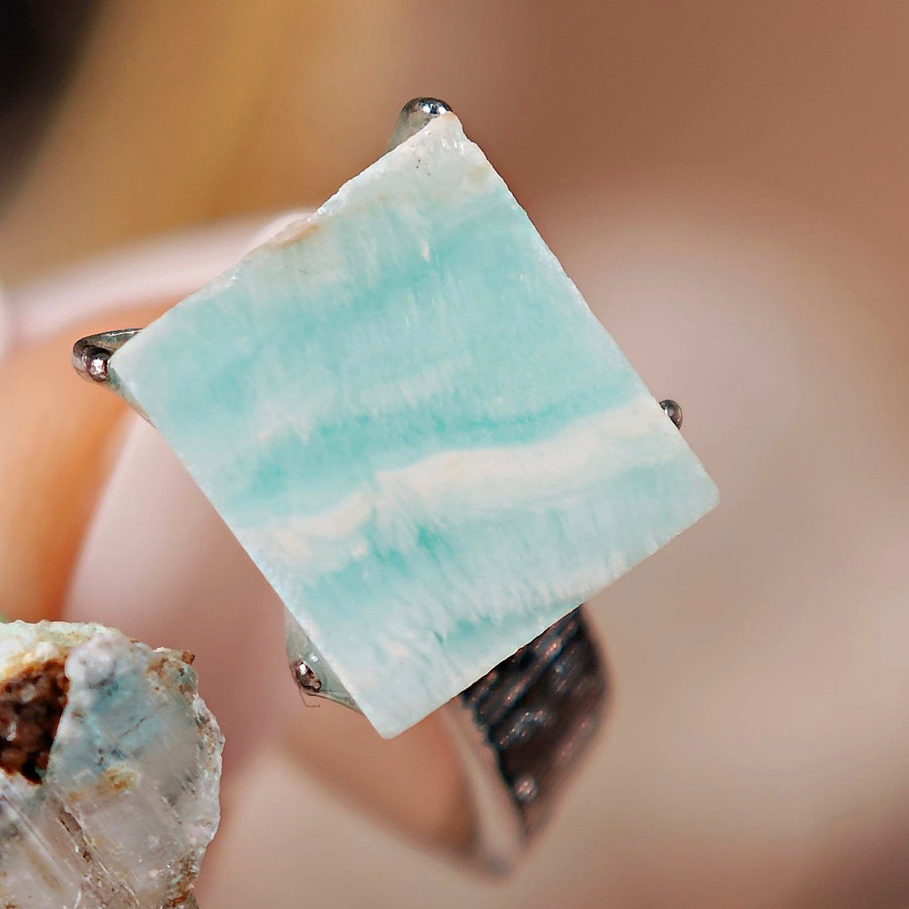 Raw Gypsum&Larimar Adjustable Ring – Natural Mineral Stone Ring, Handmade One of a Kind Jewelry-048