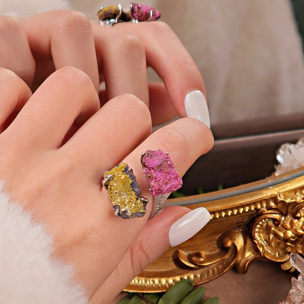 Raw Pyromorphite&Corundum Adjustable Ring – Natural Mineral Stone Ring, Handmade One of a Kind Jewelry-049