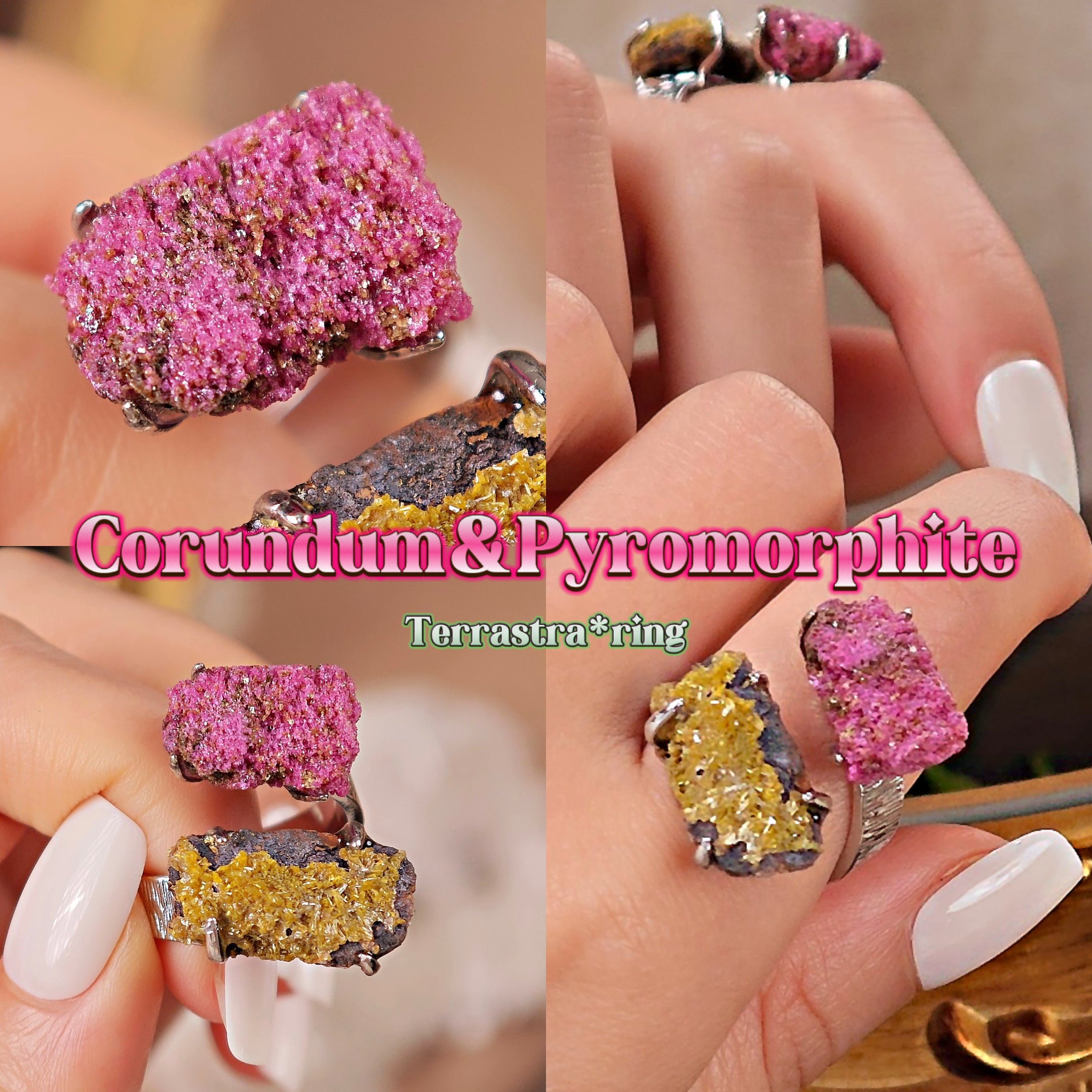 Raw Pyromorphite&Corundum Adjustable Ring – Natural Mineral Stone Ring, Handmade One of a Kind Jewelry-049