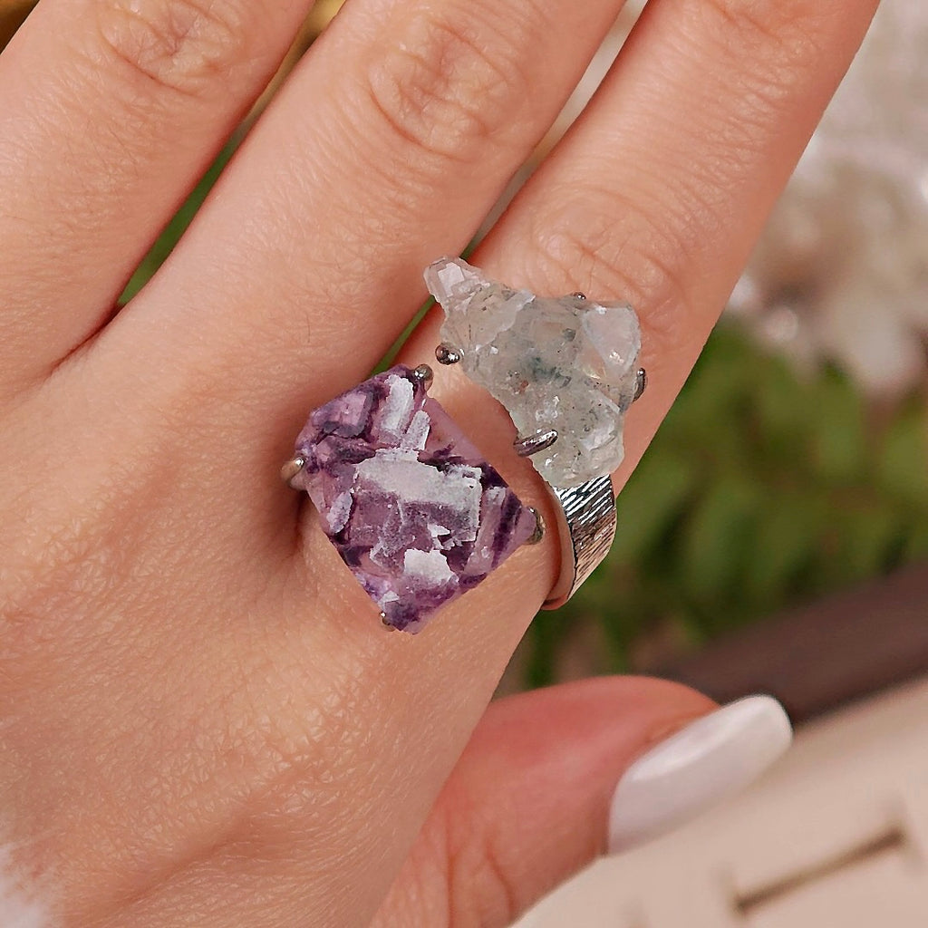 Raw Phantom Fluorite&Green Fluorite Adjustable Ring – Natural Mineral Stone Ring, Handmade One of a Kind Jewelry-051