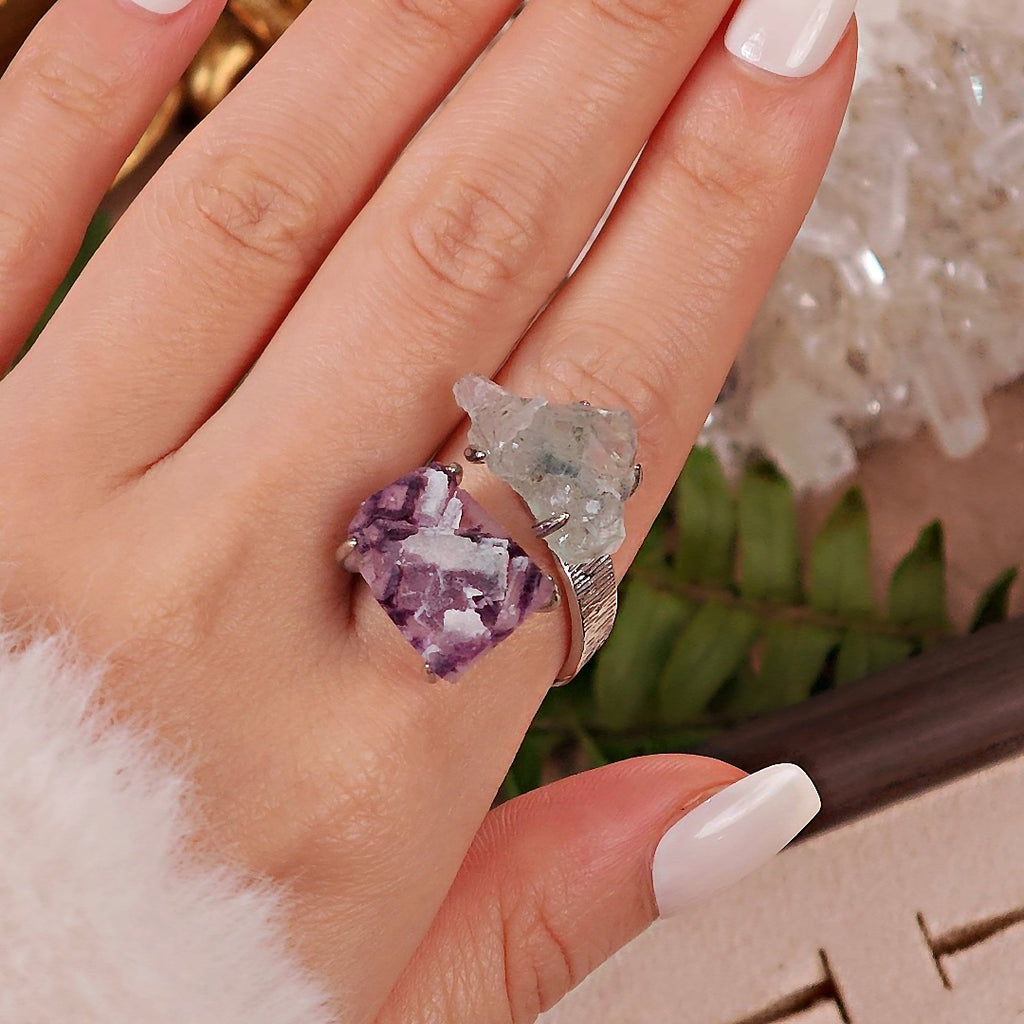 Raw Phantom Fluorite&Green Fluorite Adjustable Ring – Natural Mineral Stone Ring, Handmade One of a Kind Jewelry-051