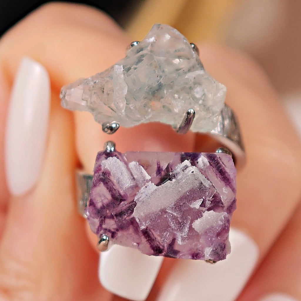 Raw Phantom Fluorite&Green Fluorite Adjustable Ring – Natural Mineral Stone Ring, Handmade One of a Kind Jewelry-051