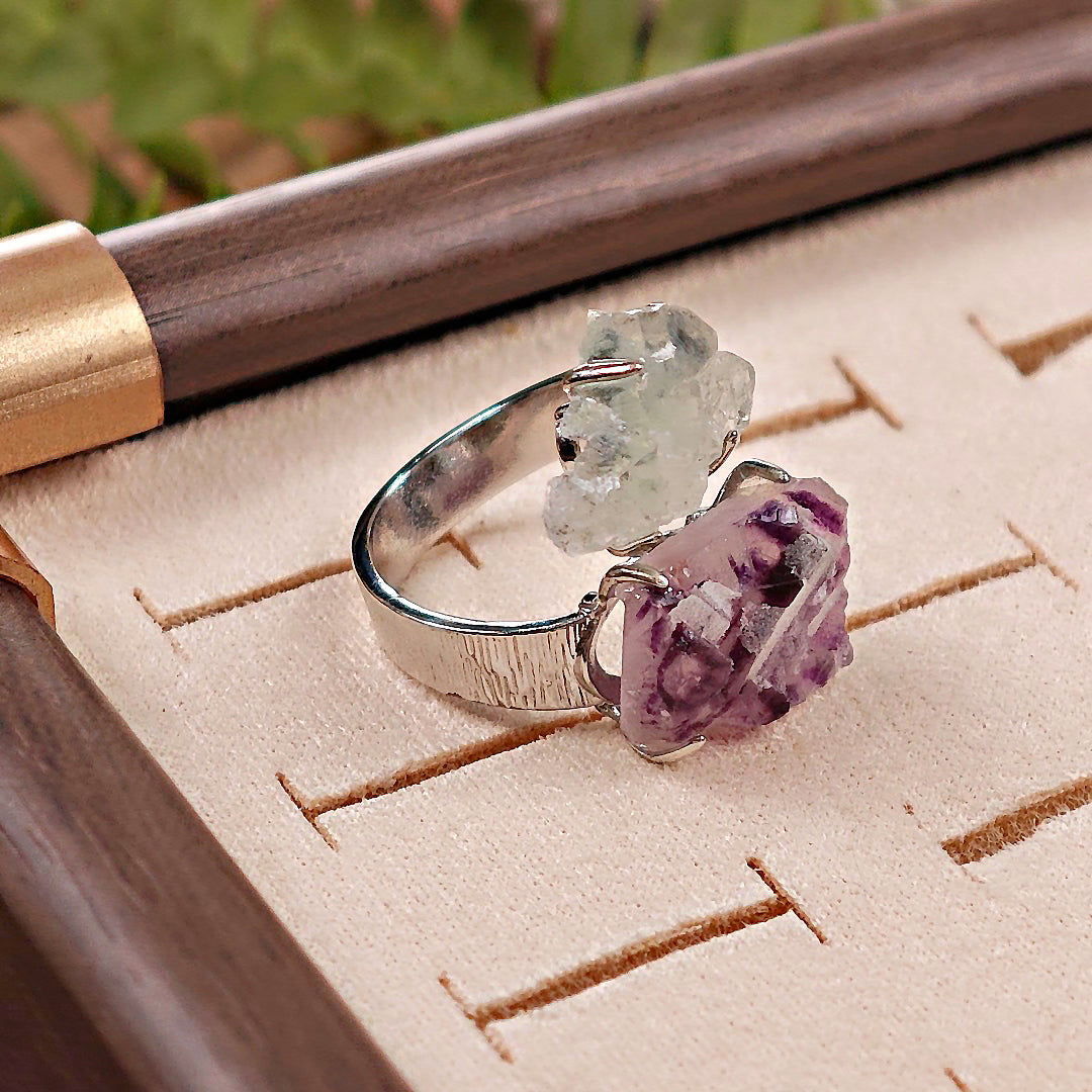 Raw Phantom Fluorite&Green Fluorite Adjustable Ring – Natural Mineral Stone Ring, Handmade One of a Kind Jewelry-051