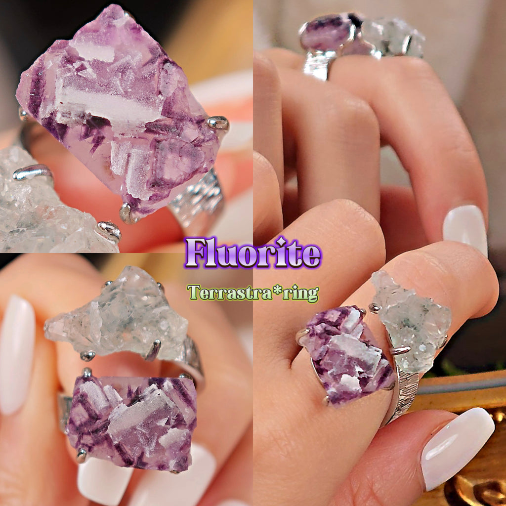 Raw Phantom Fluorite&Green Fluorite Adjustable Ring – Natural Mineral Stone Ring, Handmade One of a Kind Jewelry-051