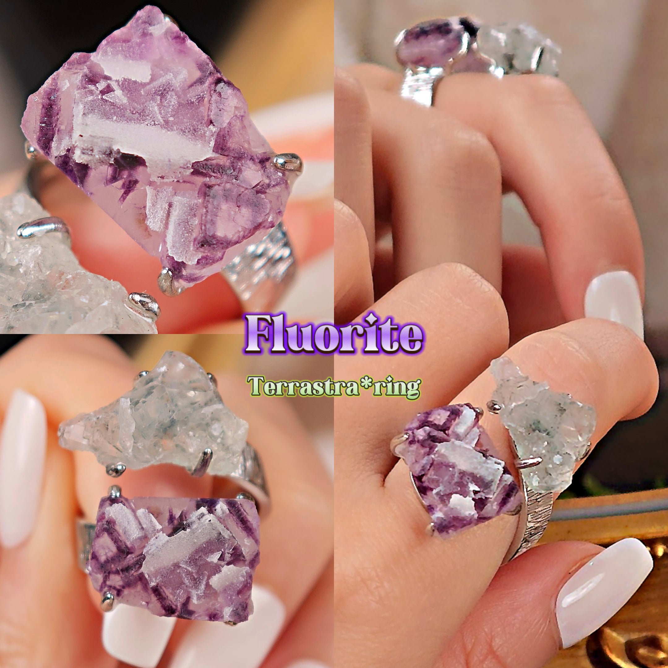 Raw Phantom Fluorite&Green Fluorite Adjustable Ring – Natural Mineral Stone Ring, Handmade One of a Kind Jewelry-051